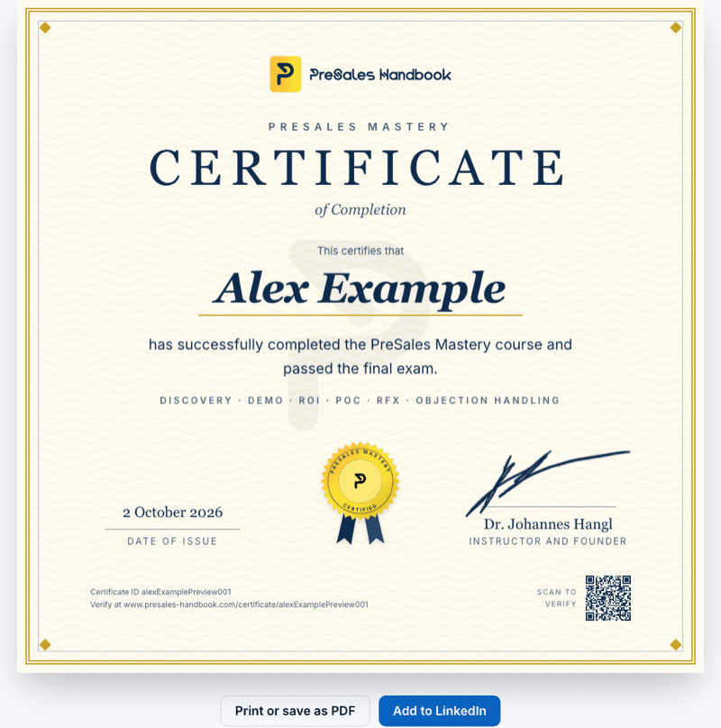 A certificate of completion for Alex Example on cream paper with a gold frame. Below the name, the course topics. At the bottom, the issue date, a gold seal, the instructor's signature, the certificate ID and a QR code to verify it. Below the certificate, the buttons Print or save as PDF and Add to LinkedIn.