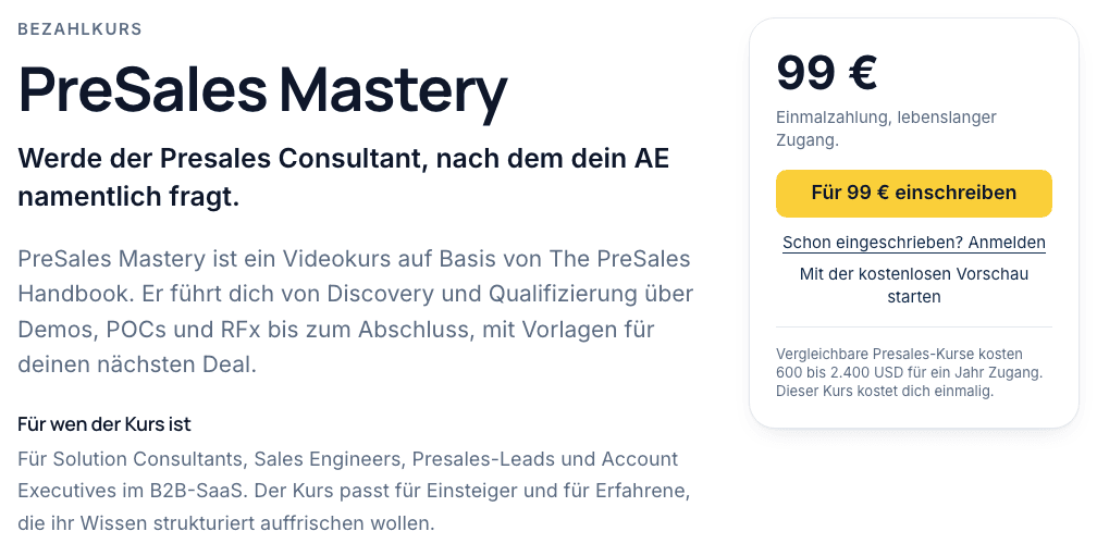 Die Kursseite. Links stehen Kurstitel, Versprechen und Zielgruppe. Rechts stehen der Preis und der Button zum Einschreiben. Dazu ein Link für schon eingeschriebene Teilnehmende und ein Link zur kostenlosen Vorschau.