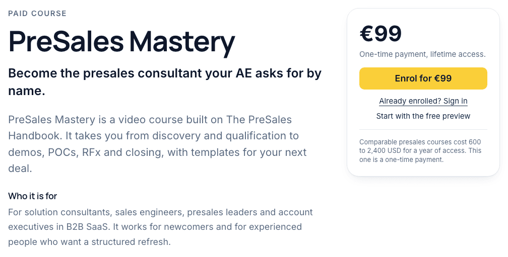 The course page. On the left, the course title, promise and who it is for. On the right, the price, the Enrol button, a link for people who are already enrolled and a link to the free preview.