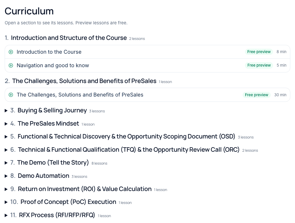 The curriculum on the course page. Numbered sections, each with its lessons. A play icon marks lessons you can open. A Free preview label marks preview lessons. Each lesson shows its length. Later sections are collapsed.