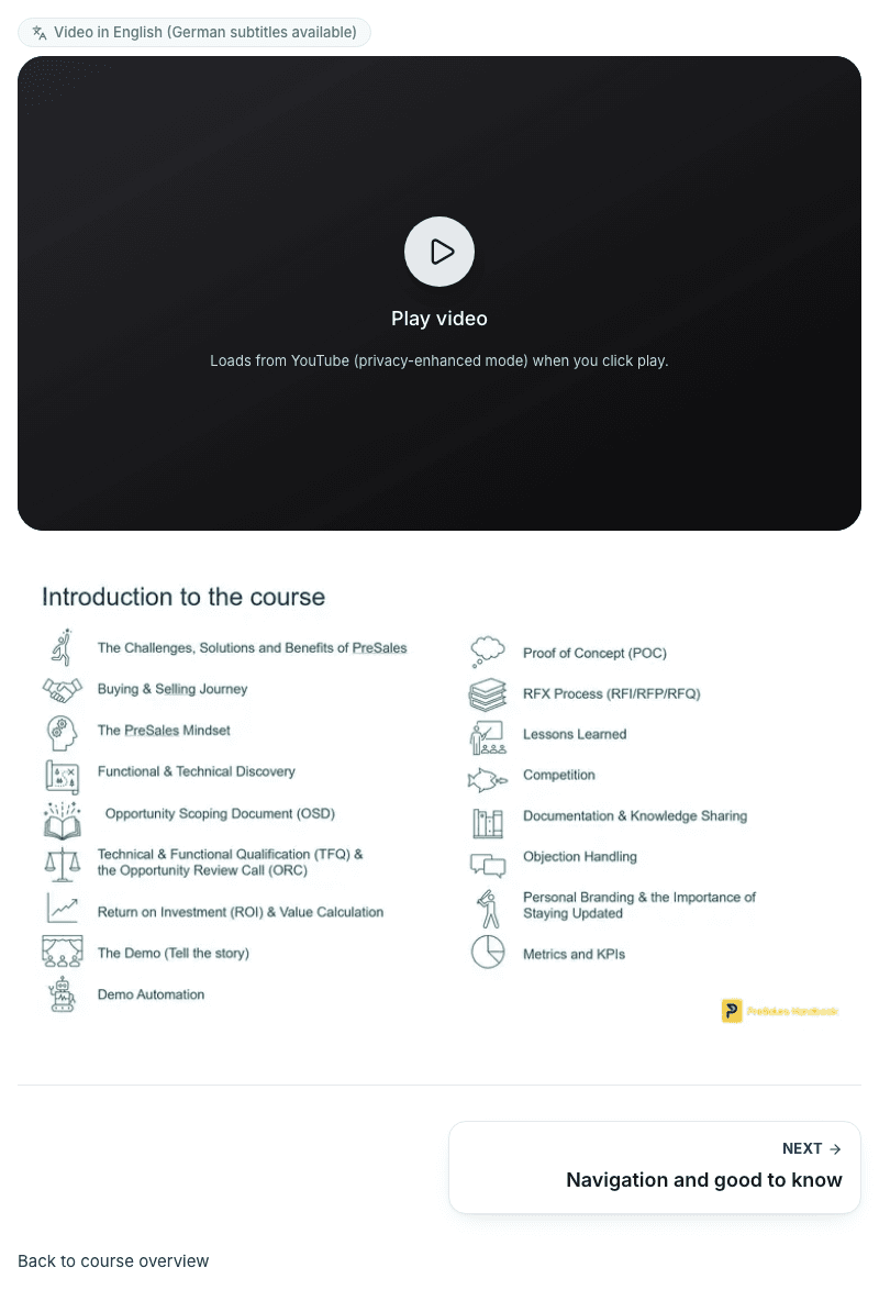 The end of a lesson. A video player with a language label and a play button. Below it a card for the next lesson and a link back to the course overview.