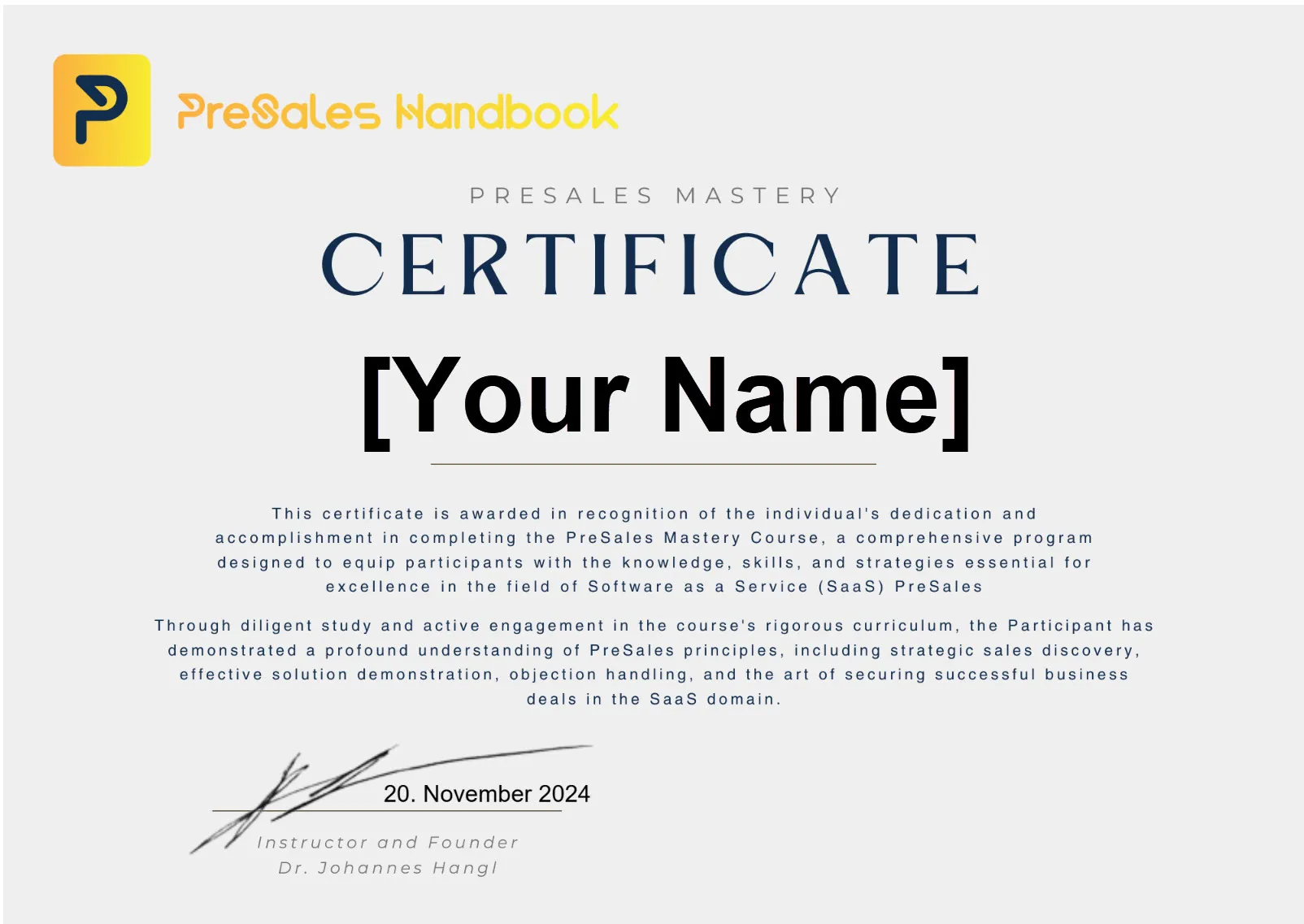 Beispiel eines PreSales-Mastery-Zertifikats